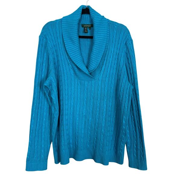 Lauren Ralph Lauren Blue Silk & Cashmere Cowl Neck Cable Knit Sweater 2X - Picture 1 of 4